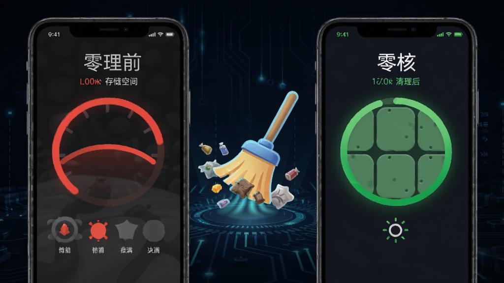 一张手机对比图,左边是清理前存储空间快满的红色状态,右边是使用“零核”清理后显示大量可用空间的绿色状态,中间有扫帚清扫垃圾的动态图标,背景为深色科技感,风格简洁明了,画质清晰,突出“零核”清理功能强大