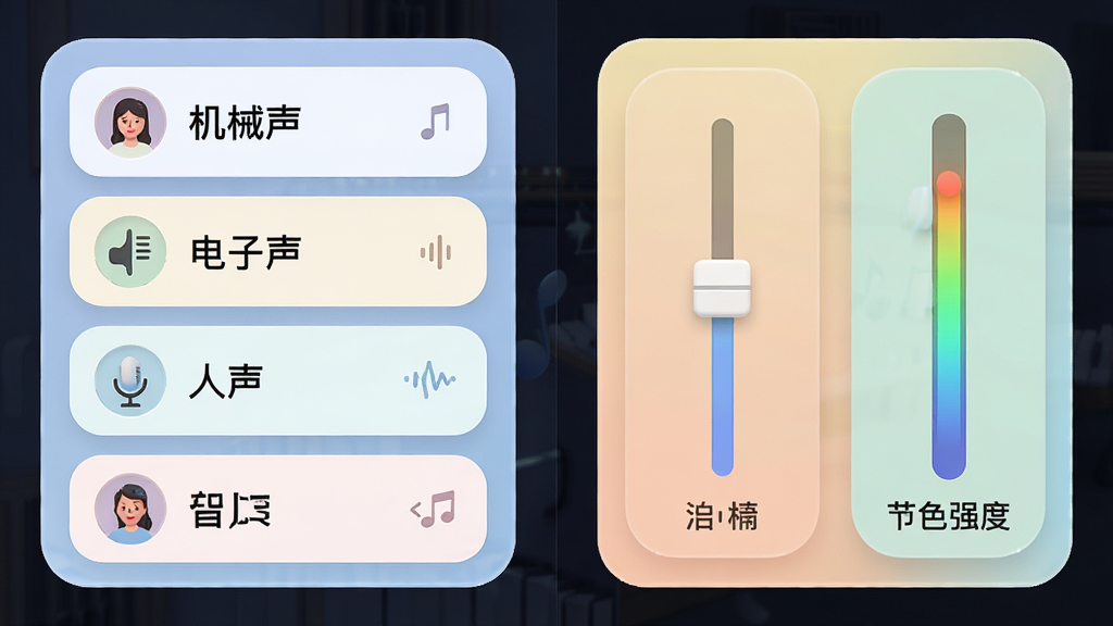 分屏展示乐器节拍器的音色选择界面,左侧列出多种音色名称如机械声、电子声、人声,右侧是音量滑杆和节拍强度指示器,整体UI设计圆润,色彩柔和,采用卡片式布局,画质干净明亮无多余元素