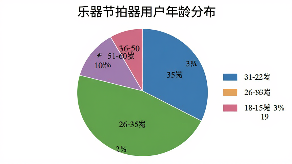 用户评价饼状图,标题为乐器节拍器用户年龄分布,饼图分为四段,18-25岁占30%,26-35岁占35%,36-50岁占25%,51-60岁占10%,每段用不同颜色区分,图例清晰,背景白色,整体简洁易读,画质干净无多余元素