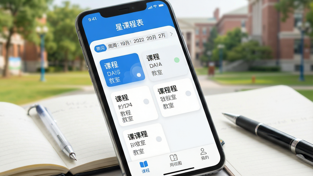 一张智能手机屏幕的特写,屏幕上清晰显示着名为“星课程表”的App主界面,界面以蓝白为主色调,布局简洁,上方是本周日期导航栏,中间是排列整齐的课程卡片,每张卡片显示课程名称和教室,底部有“课程”、“周视图”、“我的”三个选项卡,手机旁边放着一本打开的笔记本和一支笔,背景是虚化的大学校园,风格干净明亮,画质高清,无多余元素。