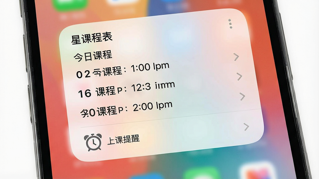 一张手机桌面截图,桌面壁纸为渐变色,中央偏上位置有一个“星课程表”的桌面小组件,小组件背景为半透明白色毛玻璃效果,清晰显示“今日课程”和几节课程名称、时间及教室,下方有“上课提醒”的闹钟图标,整体风格简约现代,画质干净,无多余元素。