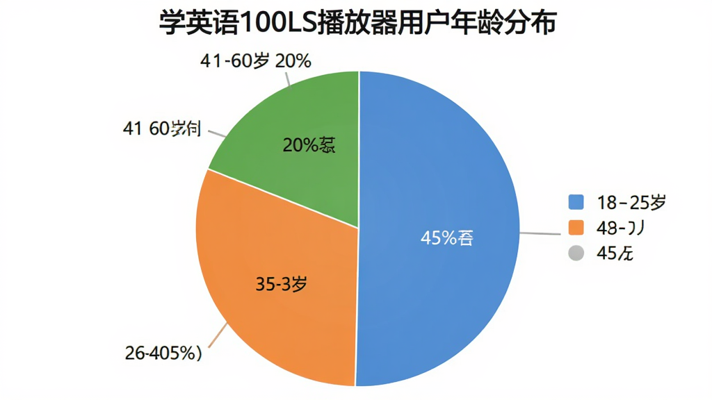 一个饼状图,标题为“学英语100LS播放器用户年龄分布”,主要分为18-25岁占45%,26-40岁占35%,41-60岁占20%,颜色分别用蓝色、橙色和绿色表示,图表清晰,风格简洁,画质干净。