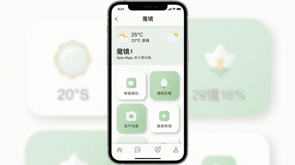 һ�������ֻ������ͼ���ĸ���ͼ��չʾ��ħ����App��ҳ���������ֻ���Ļ����Ļ�ڲ��ּ�࣬�������������ʺ���м��Ǽ���Բ�ǹ��ܿ�Ƭͼ�꣬�ײ��ǵ��������Ű����룬����ƽ����ƣ��԰�ɫ�͵���ɫΪ����ϸ���Ͽ�Ƭ����΢��Ӱ�����ʸɾ��޶���Ԫ��