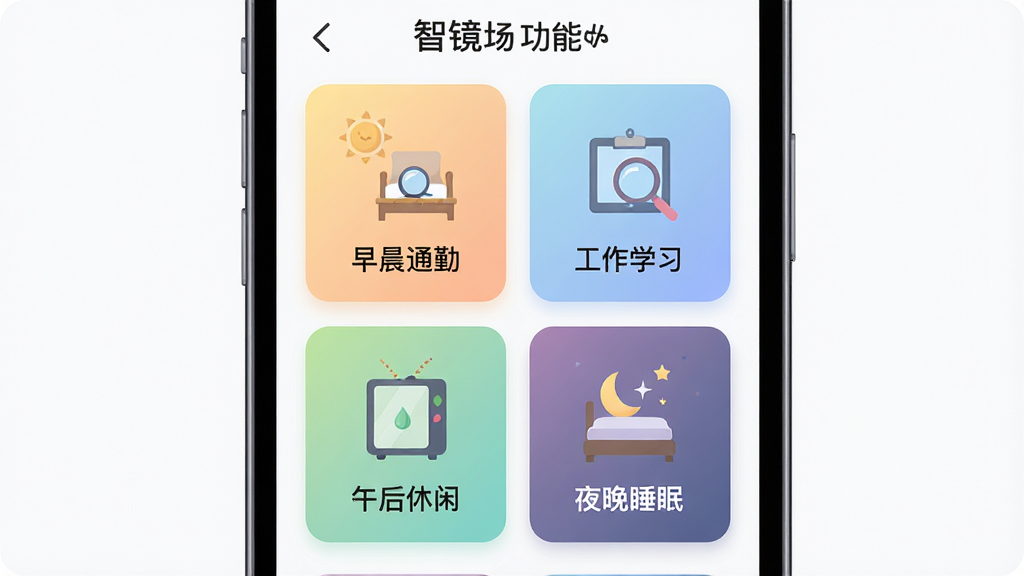 һ��չʾ��ħ����App���ܳ������ܵĲ廭��������һ���ֻ���Ļ����Ϊ�ĸ���ɫ����С��Ƭ���ֱ�����糿ͨ�ڡ�����ѧϰ��������С�ҹ��˯�ߣ�ÿ����Ƭ������Ӧ��Сͼ�꣬����Ϊ2x2�����Ű���ȣ����Ϊ��ƽ�廭�磬ɫ����ͣ�ϸ����ÿ����Ƭ�в�ͬ��ɫ�Ľ��䱳�������������ɾ��޶���Ԫ��