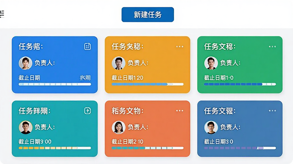 精益通的任务协同界面截图,顶部有“新建任务”按钮,下方以卡片形式展示多个任务,每个卡片包含任务名称、负责人头像、截止日期和进度条,色彩鲜明,布局整齐,风格商务简约,画质细腻。