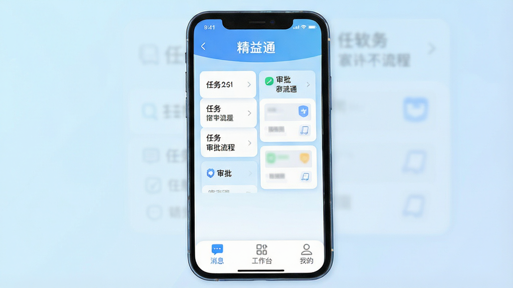 一张智能手机屏幕展示精益通软件的主界面,界面布局清晰,上方显示“精益通”字样,中间是任务列表和审批流程卡片,底部有消息、工作台、我的等标签按钮,背景为浅蓝色渐变,风格现代扁平,细节圆润,画质干净无多余元素。