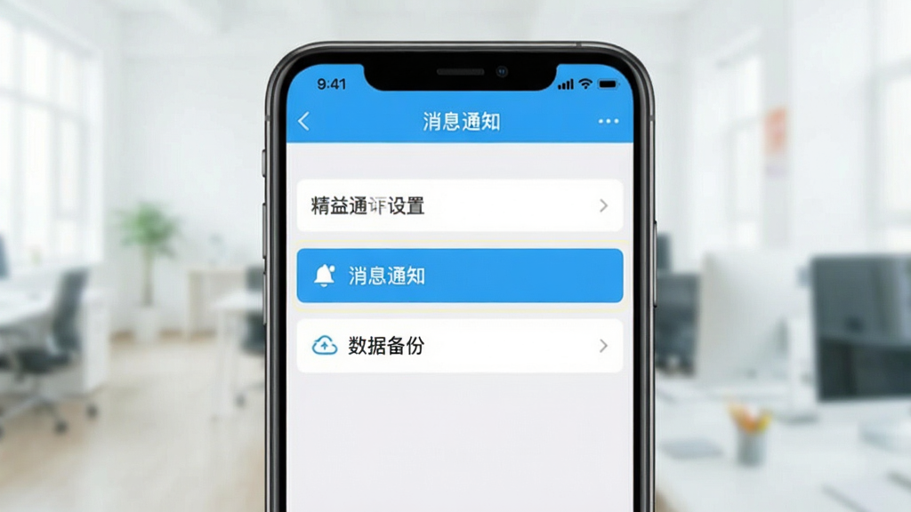 一张手机截图展示精益通的设置页面,突出显示“消息通知”和“数据备份”两个选项,背景模糊处理,整体风格干净明亮,布局清晰,文字可读性强。