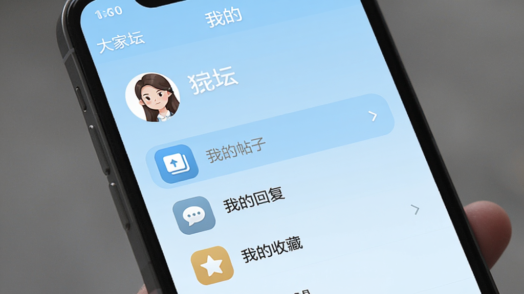 �������Ľ��棬�ֻ���Ļ��ʾ�����̳���ġ��ҵġ�ҳ�棬�������û�ͷ����ǳƣ������С��ҵ����ӡ����ҵĻظ������ҵ��ղء��Ȳ˵�������ǳ��ɫ��ͼ��ΪԲ�Ǿ��Σ���������������࣬���ʸɾ�