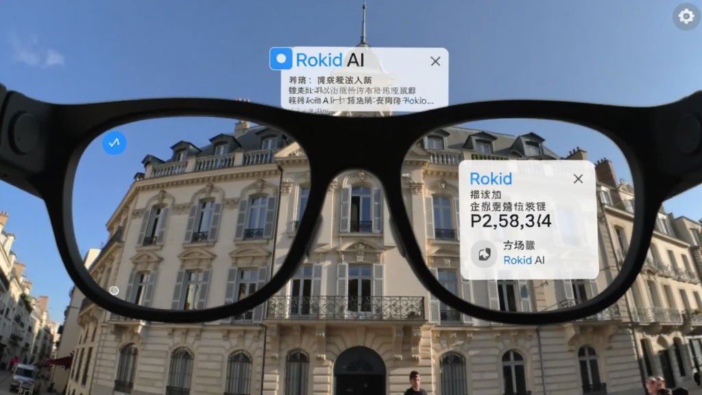 ��һ�ӽ�͸��Rokid AR�۾�����Ļ��棬��ǰ��һ��ŷʽ�����������Ϸ������š�Rokid AI����ʶ���ͽ������ֱ�ǩ���Ա��з�����������Ϣ��Ƭ���������������������ģ�����ͨ͸�����