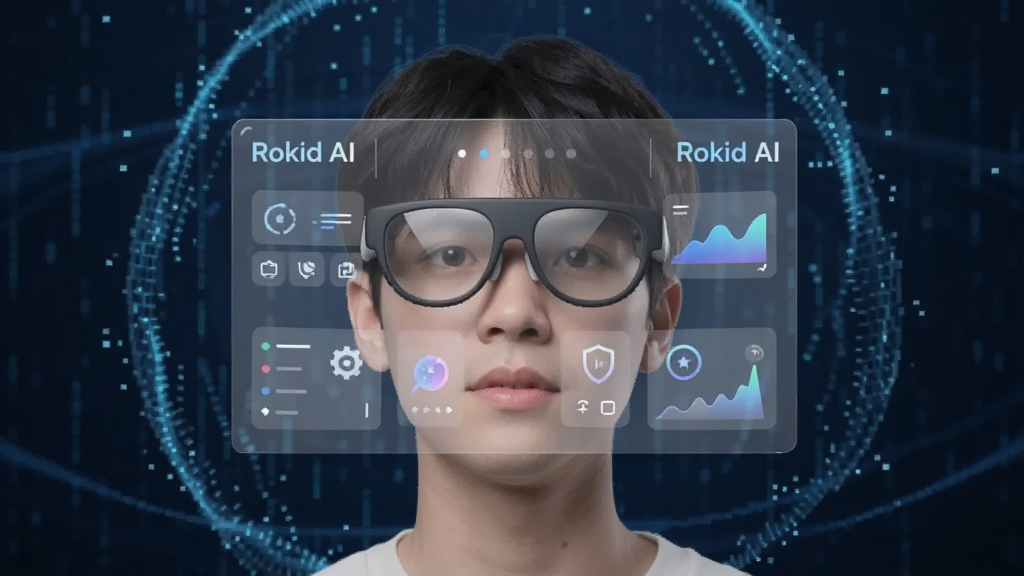 һ��չʾRokid AI��������ȫò�Ŀ�������ͼ������������һ�����Rokid AR�۾��������ˣ���ǰ���ֳ���͸����ȫϢ���棬��������С�Rokid AI�������������ǿƼ���ʮ�����ɫ���ֹ�Ч���������ִ���Լ�����ʸɾ��޶���Ԫ�ء�