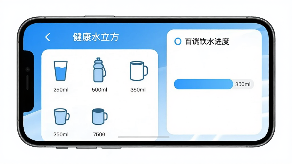 一幅手机横屏演示图,画面左侧是“健康水立方”的饮水记录界面,有多种杯型图标如玻璃杯、运动水壶、马克杯,每个图标下方标有“250ml”“500ml”“350ml”等数字,右侧是当日饮水进度条,风格简约,蓝白配色,画质干净,无多余元素。