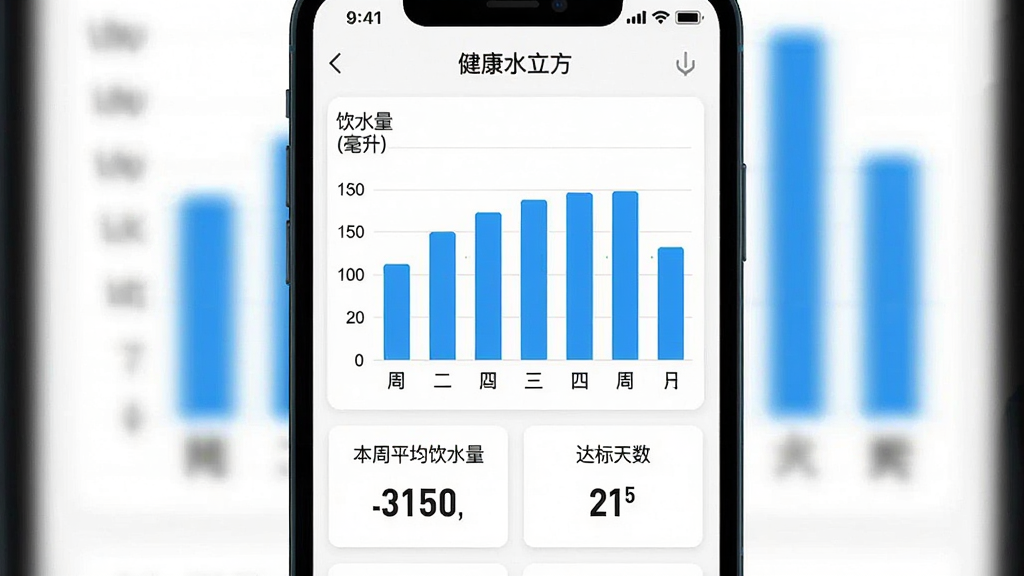 一张手机竖屏截图,展示“健康水立方”的统计页面,屏幕中有一张蓝色柱状图,横轴为周一至周日,纵轴为饮水量(毫升),下方有“本周平均饮水量”和“达标天数”两个卡片,背景为白色,风格扁平,数据清晰,画质干净,无多余元素。
