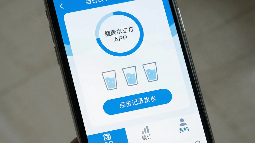 一张手机屏幕特写,屏幕中央显示“健康水立方”APP主界面,界面以蓝白清新色调为主,顶部有当日饮水进度环,中间是几杯水的图标和“点击记录饮水”按钮,底部有“今日”“统计”“我的”三个选项卡,整体风格扁平化,画质清晰干净,无多余元素。