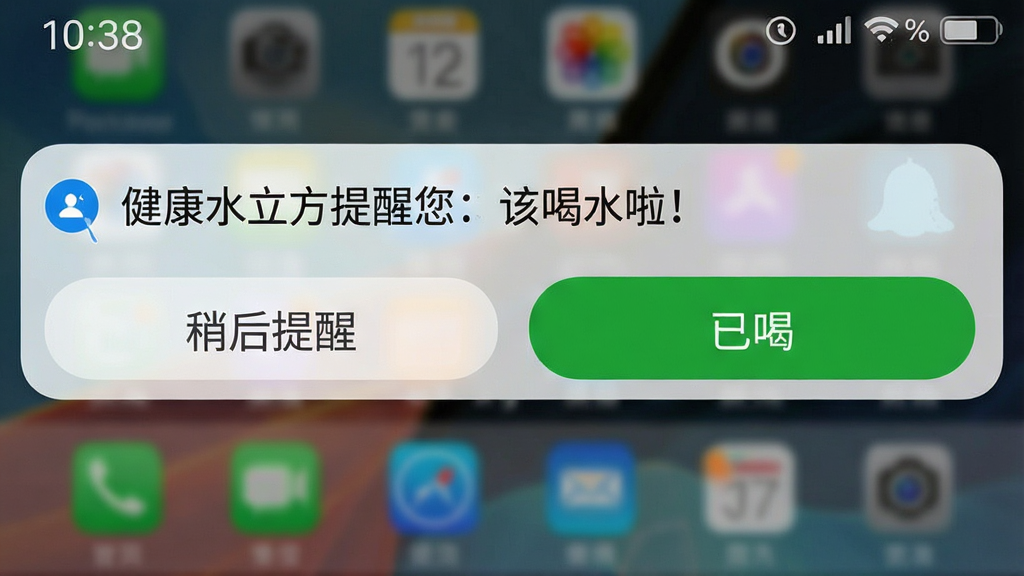 一张手机通知栏截图,顶部显示时间,中部有一条横幅通知,内容为“健康水立方提醒您:该喝水啦!”,下方有“稍后提醒”和“已喝”两个按钮,背景为模糊的桌面,风格写实,画质清晰,无多余元素。