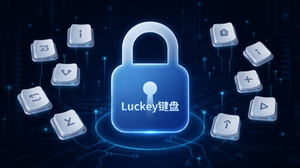 展示Luckey键盘的安全隐私保护概念图,画面中央是一把锁的图标,周围有键盘按键漂浮,背景为深蓝色科技感风格,锁上有“Luckey键盘”字样,整体传递安全、可靠、放心的感觉,画质干净无多余元素。