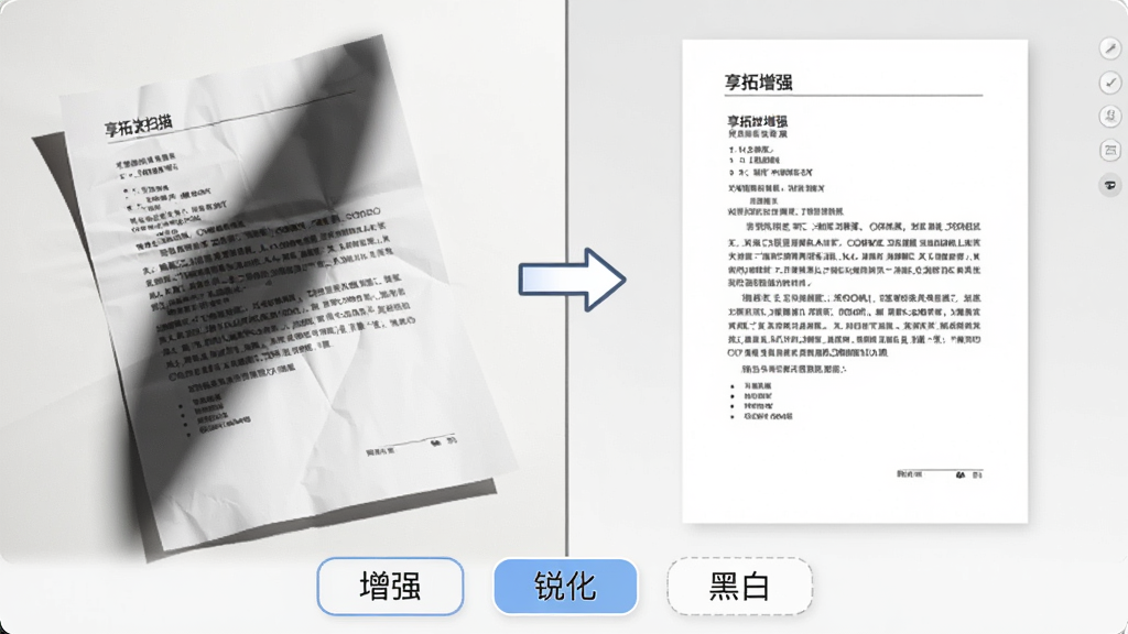 一张展示享拓文档扫描功能的对比示意图,主体是左右分屏,左侧是一张有些歪斜且有阴影的纸质文档照片,右侧是经过扫描增强后的清晰方正文档,中间用箭头连接,下方有“增强”“锐化”“黑白”等调节按钮,整体风格直观明了,画质干净无多余元素。