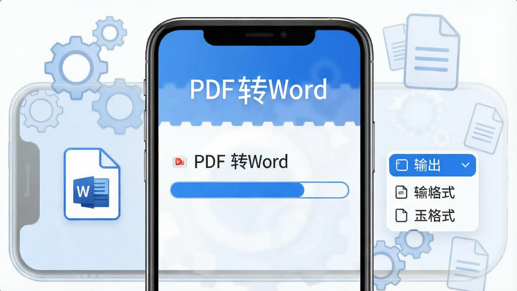 一张展示享拓格式转换功能的示意图,主体是手机屏幕内显示转换进度条,上方写着“PDF转Word”,左侧是源文件图标,右侧是输出格式选项,背景有淡淡的齿轮和文件图标装饰,整体风格科技感,蓝白配色,细节清晰,画质干净无多余元素。