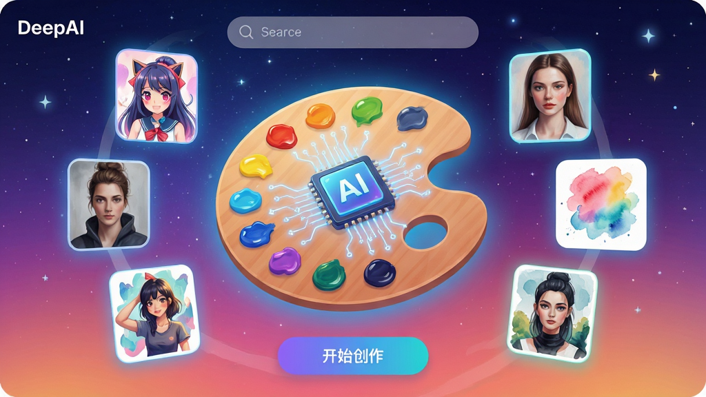 ���壺DeepAI���ܻ滭App���棬������һ���޴��ħ����ɫ�壬��ΧƯ���Ÿ��ַ��Ļ�������ͼ��������дʵ��ˮ�ʣ��������ǽ����ǿգ����֣����жԳƣ�����Χ�Ƶ�ɫ�廷�����У��ײ��С���ʼ��������ť���Ű棺UI��ƽ����Բ�ǿ�Ƭʽ��ƣ�������������������ִ��Ƽ������������ںϣ�ɫ������������ϸ�ڣ���ɫ������˸�����������AIоƬ��������Ե��΢�⣻���ʣ�8K���壬�ɾ��޶���Ԫ�ء�