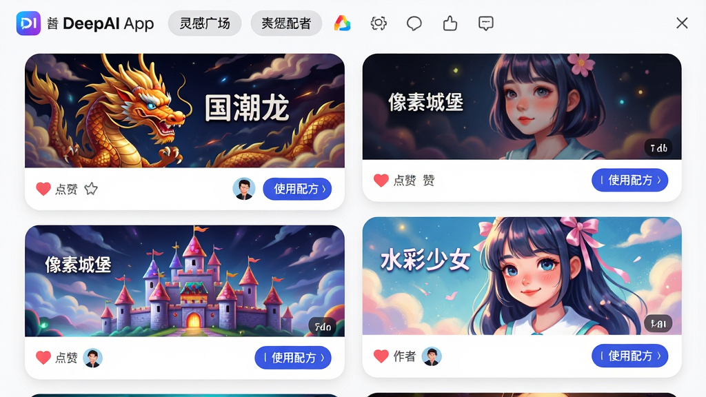 ���壺DeepAI���ܻ滭App�ġ���й㳡��ҳ�棬�ٲ���չʾ���ַ���AI�������С����������������سǱ�������ˮ����Ů�������֣������ٲ�����ÿ�ſ�Ƭ���½��С�ʹ���䷽����ť���Ű棺��ƬԲ�ǣ������ȣ������з���ѡ�����񣺻��ö�ʣ��Ӿ������ǿ��ϸ�ڣ�ÿ�Ż����·���ʾ������������ͷ�񣬻����Ӱϸ�壻���ʣ����壬�ɾ��޶���Ԫ�ء�