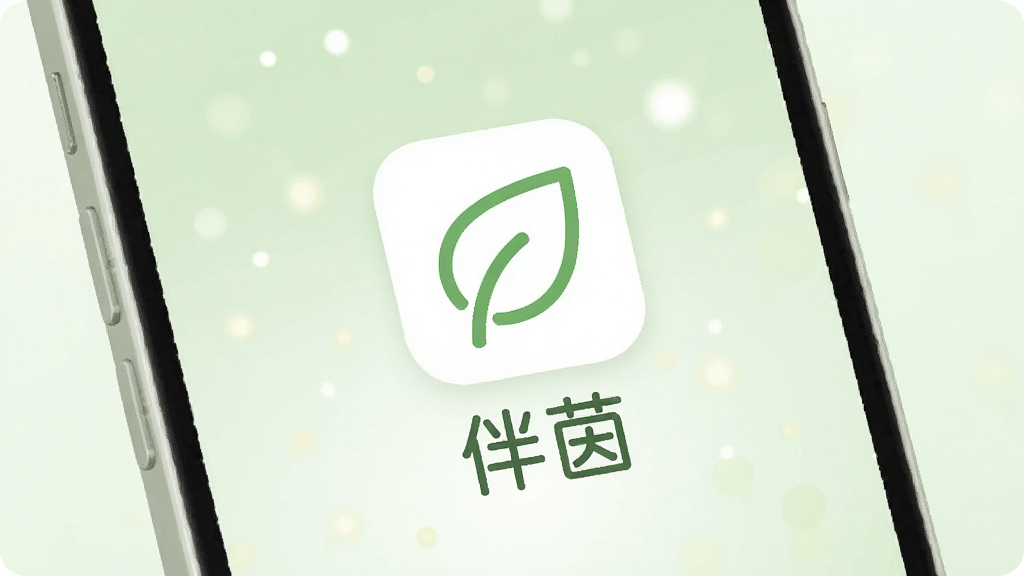 画面以浅绿色和白色为主色调,手机屏幕中央显示“伴茵”APP的图标和名称,图标是一个简约的绿叶轮廓,周围漂浮着柔和的光点。整体布局干净整洁,风格清新自然,细节圆润,画质干净无多余元素。