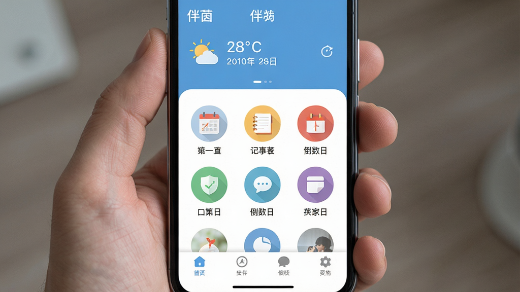 手机屏幕显示“伴茵”APP的主界面,顶部是天气和日期信息,中间整齐排列着日历、记事本、倒数日等圆形图标,底部是简洁的功能导航栏。整体布局清晰,排版整齐,风格扁平化,细节精致,画质干净无多余元素。