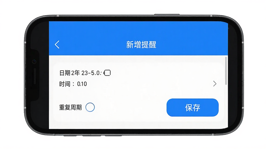 手机屏幕显示“伴茵”APP的提醒设置页面,顶部有“新增提醒”字样,下方是日期、时间、重复周期等选项,右侧有一个醒目的“保存”按钮。整体风格简洁,配色以蓝白为主,画质干净,排版清晰,无多余元素。
