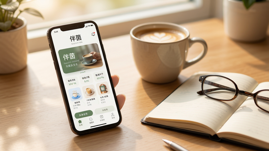 图片展示“伴茵”的实用小贴士场景:手机屏幕上显示软件主界面,旁边有一杯咖啡和一本笔记本,暗示高效便捷的生活。整体风格温暖明亮,布局和谐,画质干净无多余元素。
