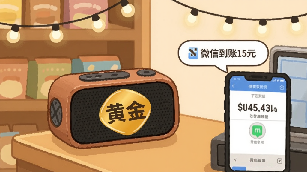 店铺收银台一角,蓝牙小音箱上贴着“黄金”字样贴纸,旁边手机屏幕显示收款金额,文字气泡写着“微信到账15元”,背景是货架和灯泡串,暖色调,插画风格,构图简洁,细节丰富,画质干净无多余元素