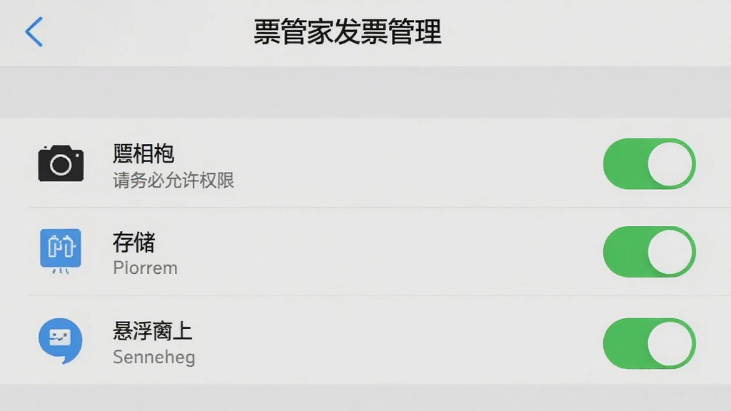 票管家发票管理在手机上运行的辅助功能设置页面,展示权限管理列表,包括相机、存储、悬浮窗等开关均处于开启状态,背景为浅灰色系统设置界面,图标清晰,文字标注