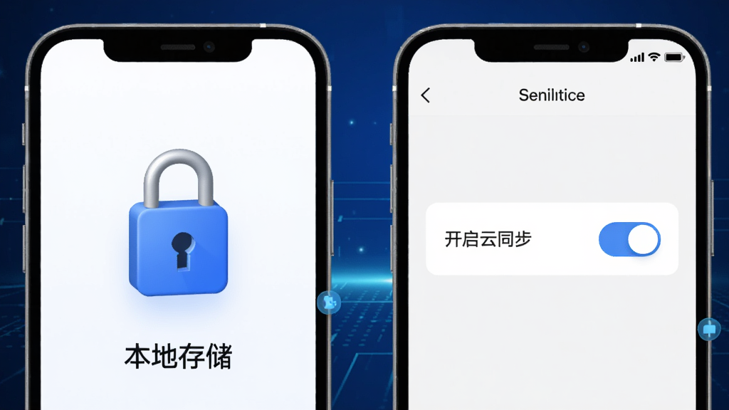 票管家发票管理的数据加密与隐私保护功能示意图,画面左侧显示手机内的加密锁图标和