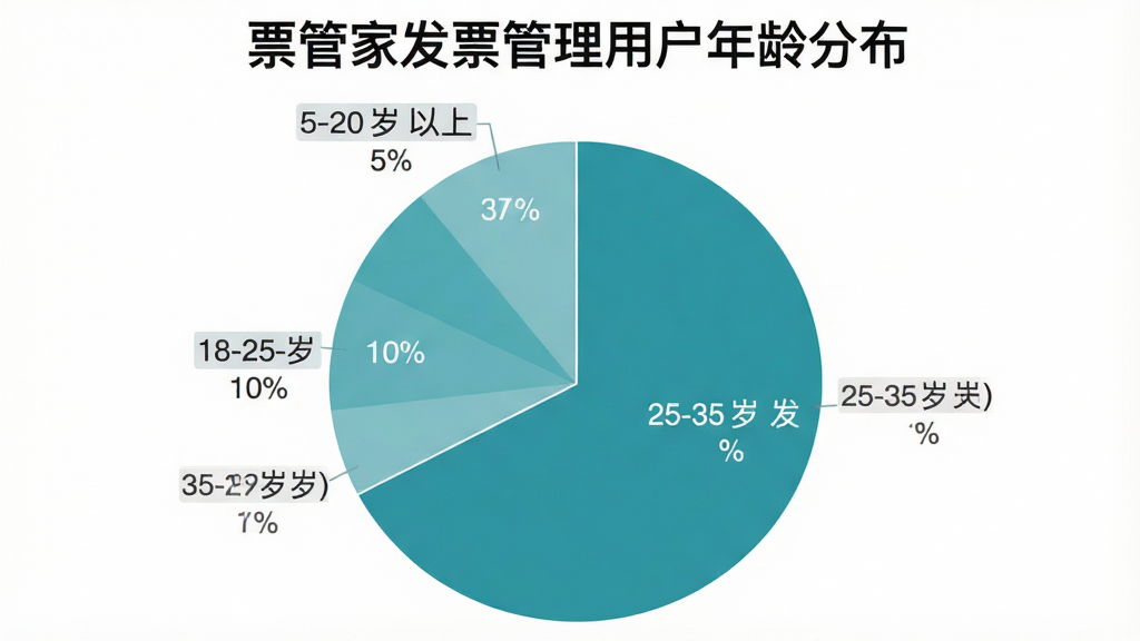 一张饼状图展示票管家发票管理用户年龄段分布,其中25-35岁占55%,35-50岁占30%,18-25岁占10%,50岁以上占5%,图表采用蓝绿色系,标注清晰,背景简洁,画质干净,标题为