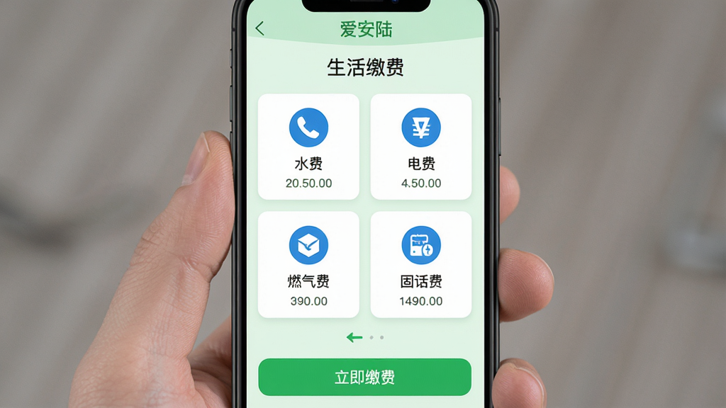 图片描述:智能手机屏幕展示“爱安陆”应用的生活缴费界面,页面顶部有“生活缴费”标题,下方依次显示水费、电费、燃气费、固话费四个缴费卡片,每个卡片带有对应的蓝色图标,背景为淡绿色,底部有“立即缴费”的绿色按钮,界面排版整齐,风格清爽简洁,画质干净,无多余元素。