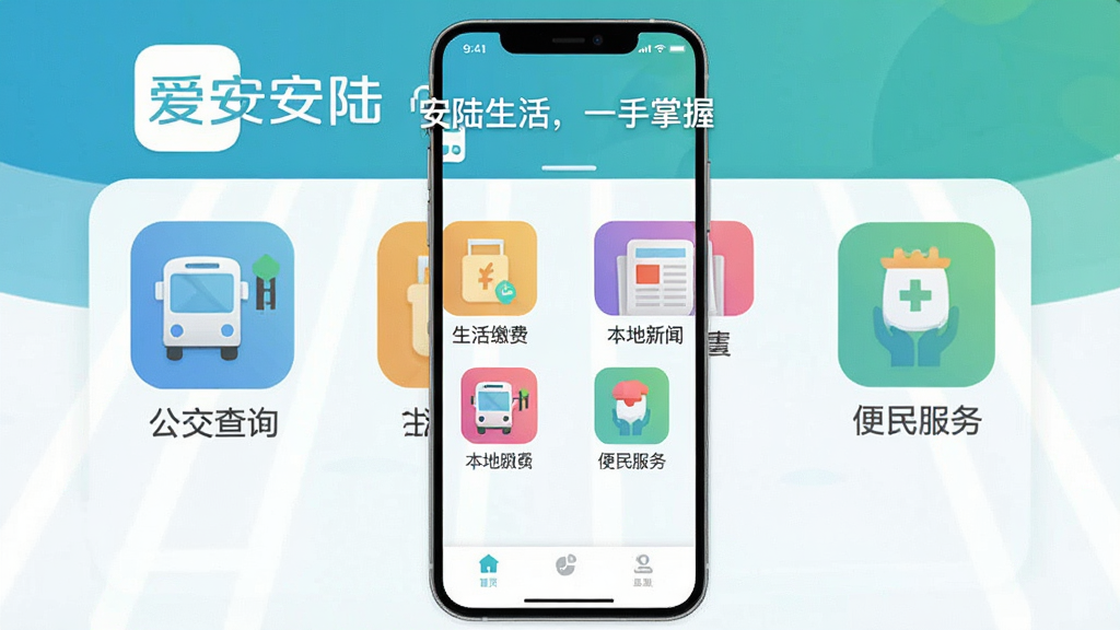 图片描述:一款名为“爱安陆”的手机应用界面,主屏幕以清新的蓝绿色调为主,顶部显示“爱安陆”应用图标和欢迎语“安陆生活,一手掌握”,中间整齐排列着“公交查询”、“生活缴费”、“本地新闻”、“便民服务”等彩色功能图标,底部为简洁的导航栏,整体风格扁平化、现代感强,界面干净无多余元素,画质清晰。
