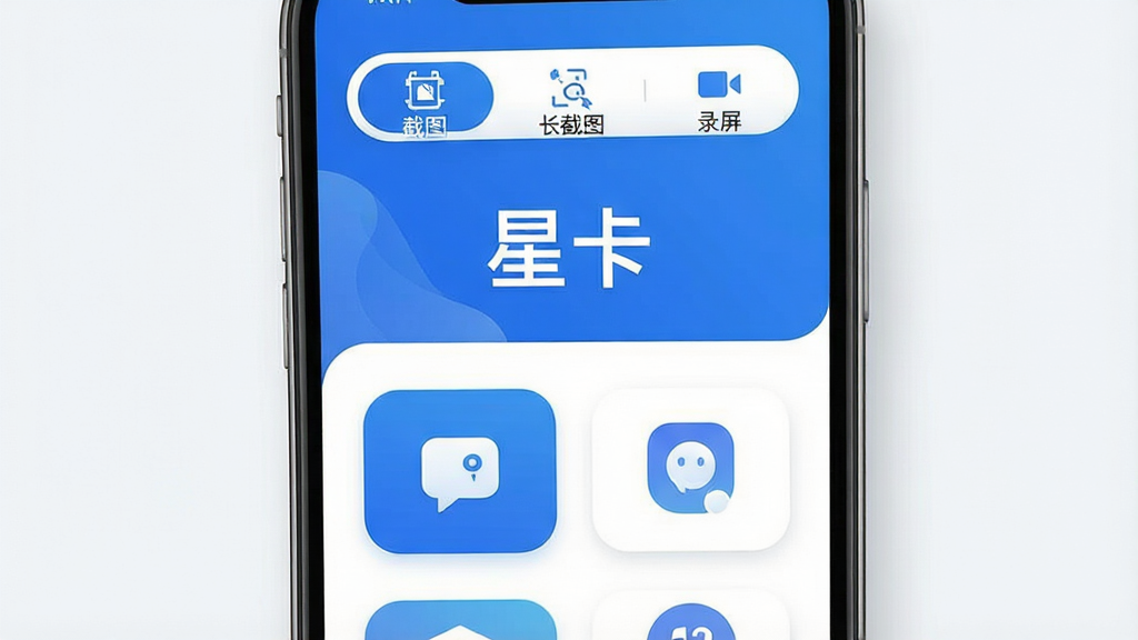 一张智能手机屏幕的俯视图,屏幕中央显示“星卡”App的主界面,界面以简洁的蓝白配色为主,顶部有“截图”、“长截图”、“录屏”三个功能选项卡,下方是几个大图标按钮,整体风格现代扁平,细节圆润,画质干净无多余元素,突出软件名称“星卡”。