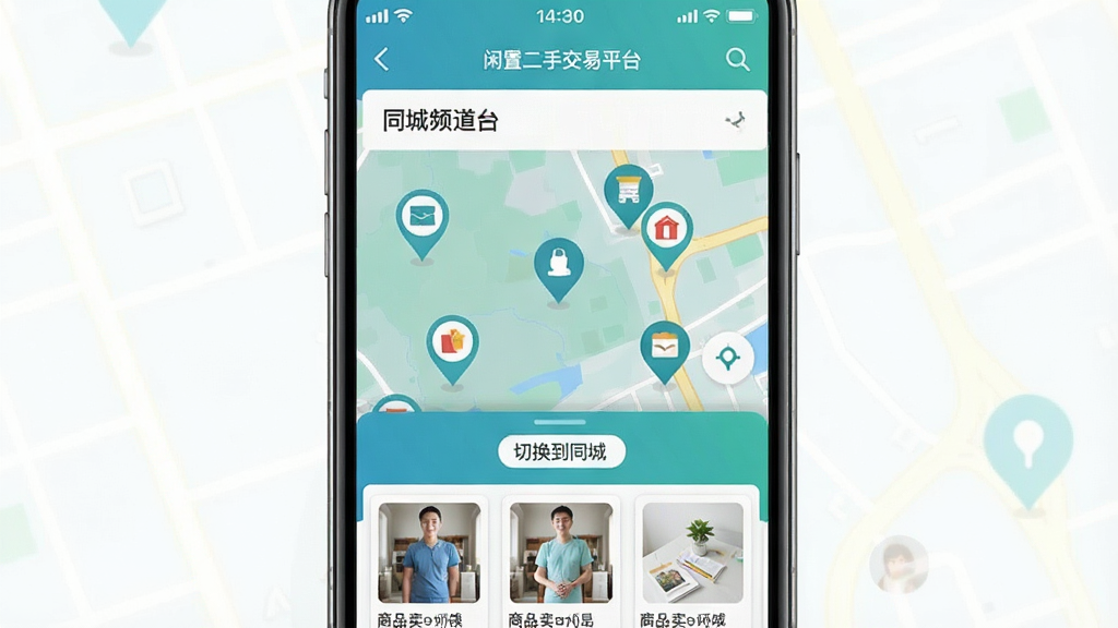 生成一张手机地图定位截图,主体为“闲置二手交易平台”App的同城频道,地图上显示多个商品图钉,底部弹出同城卖家的商品卡片列表,上方有“切换到同城”的标签,整体界面清晰,蓝绿色调,扁平风格,画质干净。