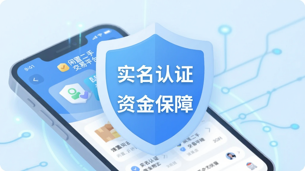 生成一张安全认证概念图,主体为一个盾牌图标,盾牌上写着“实名认证”和“资金保障”字样,围绕手机屏幕,“闲置二手交易平台”App界面若隐若现,背景为淡蓝色科技感光效,整体风格扁平化设计,细节圆润,画质干净无多余元素。