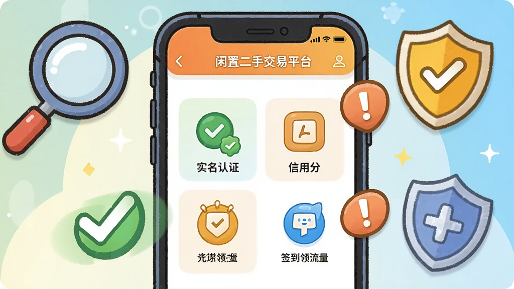 生成一张卡通风格的新手指南插画,主体为一个手机屏幕,屏幕里显示“闲置二手交易平台”App的“我的”页面,有实名认证、信用分、签到领流量等图标,旁边有对勾和感叹号提示,背景有放大镜和盾牌图案,整体配色明快,画质干净。