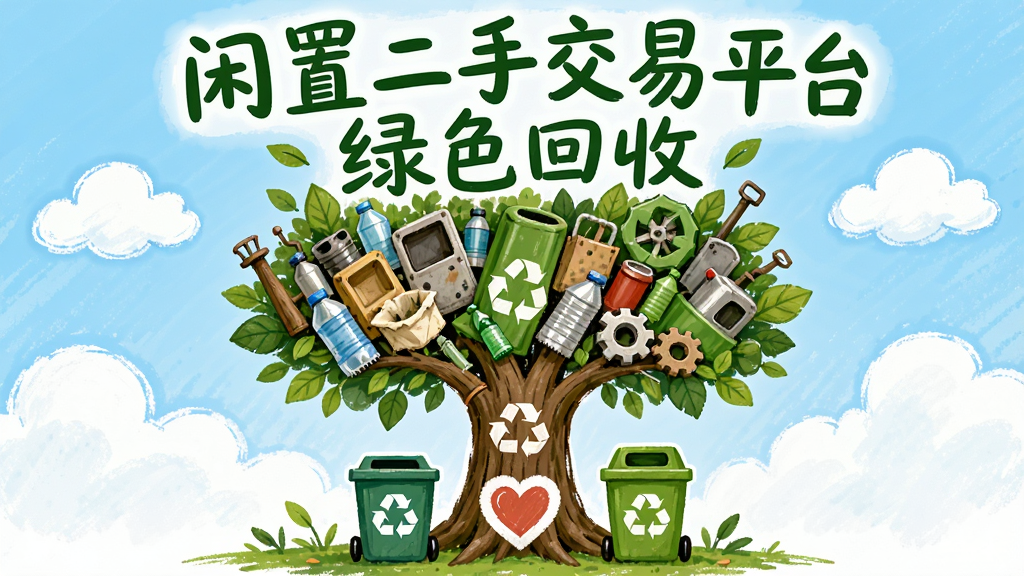 生成一张环保公益海报风格图,主体为一棵由各种旧物品组成的绿色大树,树下有回收箱和爱心标志,背景是蓝天白云,上方写着“闲置二手交易平台”和“绿色回收”字样,整体色调清新自然,手绘风格,画质干净无多余元素。