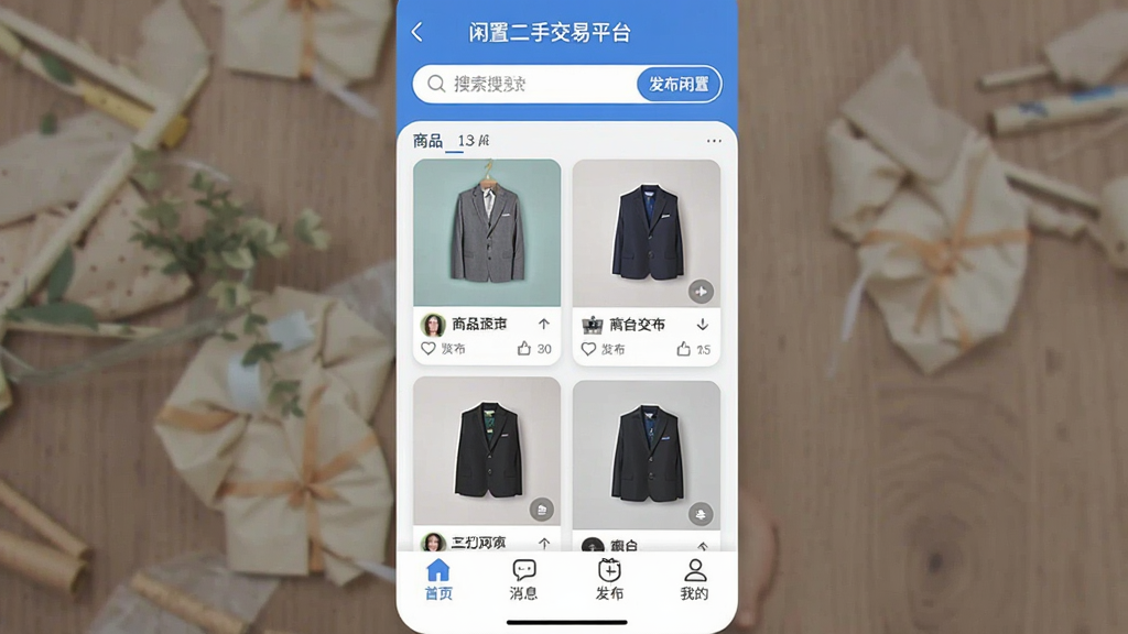 生成一张手机App界面截图风格的图片,主体为“闲置二手交易平台”App的首页,顶部显示搜索框和“发布闲置”按钮,中间是商品瀑布流列表,商品图片清晰,底部导航栏有首页、消息、发布、我的四个选项卡。整体布局简洁,蓝白配色,现代扁平风格,细节圆润,画质干净无多余元素。