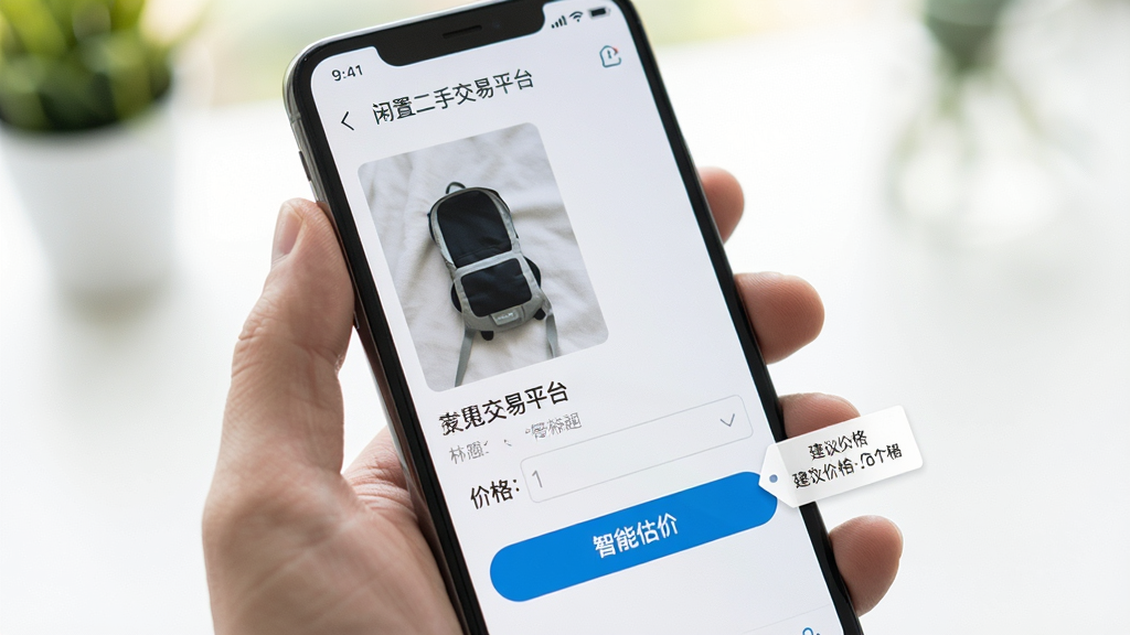 生成一张手机操作特写图,画面中一只手拿着手机,屏幕上显示“闲置二手交易平台”的发布页面,有物品照片、标题、价格输入框,下方有“智能估价”按钮,旁边弹出建议价格标签,背景虚化,整体明亮清晰,风格写实,画质干净。