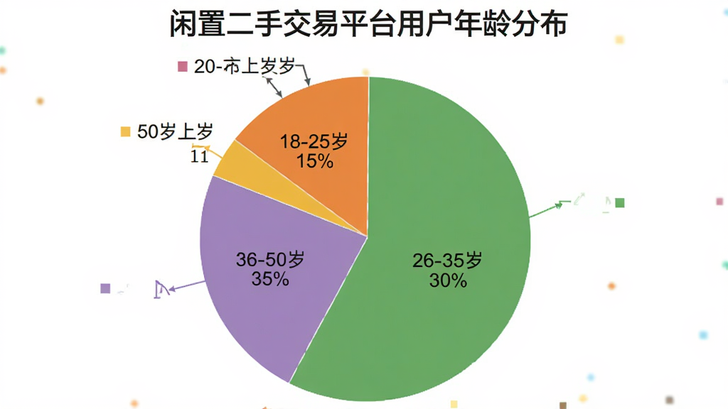 生成一张用户满意度饼状图,标题为“闲置二手交易平台用户年龄分布”,图中显示18-25岁占15%,26-35岁占30%,36-50岁占35%,50岁以上占20%,每个年龄段用不同颜色区分,整体风格清晰易读,扁平化设计,画质干净。
