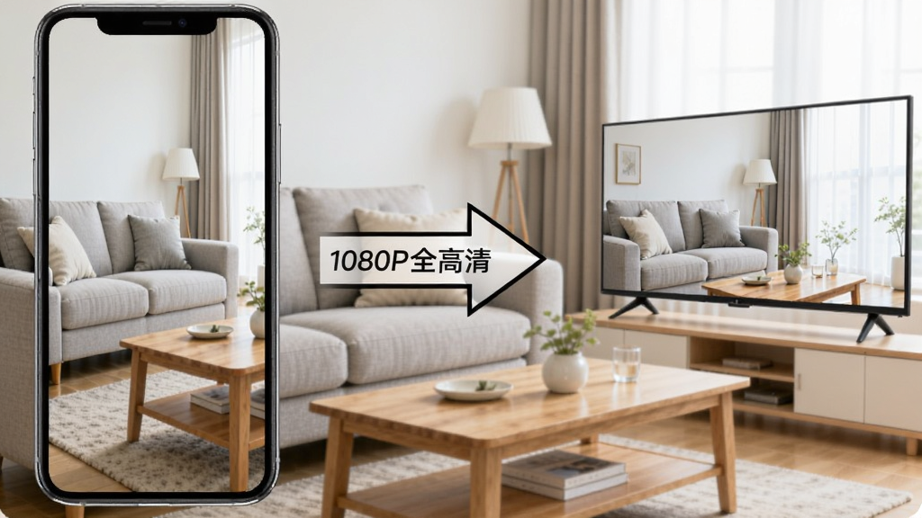 手机投屏看电视免费的投屏画质对比示意图,左边是手机上的高清原画,右边是电视上同样清晰的画面,中间用箭头连接,标注“1080P全高清”,背景是客厅沙发和茶几,风格明亮写实,整体传达出清晰的视觉体验,画质干净无多余元素