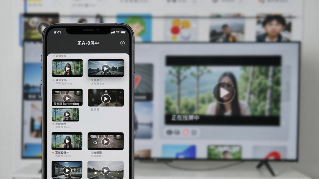 手机投屏看电视免费的“本地媒体”界面,展示手机中的视频缩略图列表,点击一个视频后电视开始播放,手机界面提示“正在投屏中”,整体风格简洁,图标清晰,背景是手机相册的抽象模糊化处理,画质干净无多余元素