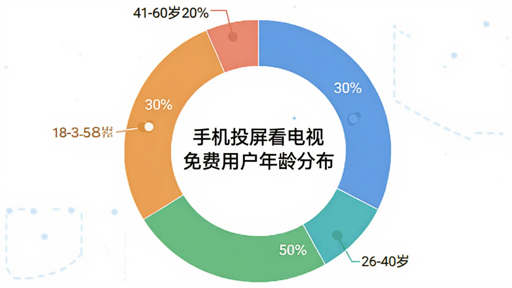 用户评价的环形占比图,展示不同年龄段用户比例,其中18-25岁占30%,26-40岁占50%,41-60岁占20%,用四种颜色区分,中间标题为“手机投屏看电视免费用户年龄分布”,风格简洁,扁平化图表,画质干净无多余元素