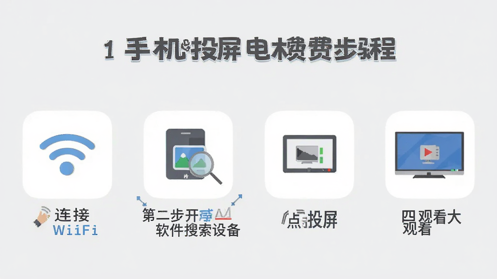手机投屏看电视免费的教程步骤图,用图标展示第一步连接WiFi,第二步打开软件搜索设备,第三步点击投屏,第四步观看大屏,每个步骤有简单的文字说明,背景是干净的浅灰色,风格扁平化教育图标,画质干净无多余元素