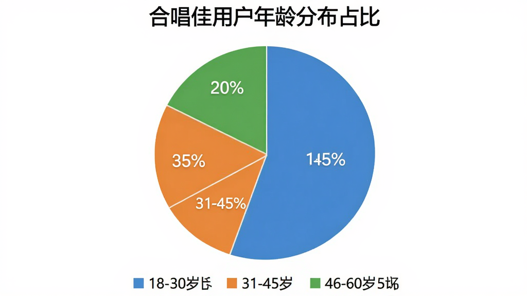 主体为一张饼状图,标题为“合唱佳用户年龄分布占比”,图中分为三段,18-30岁占45%,31-45岁占35%,46-60岁占20%,颜色分别用蓝色、橙色和绿色,图表下方有对应的图例说明,整体风格简洁清晰,画质干净无多余元素