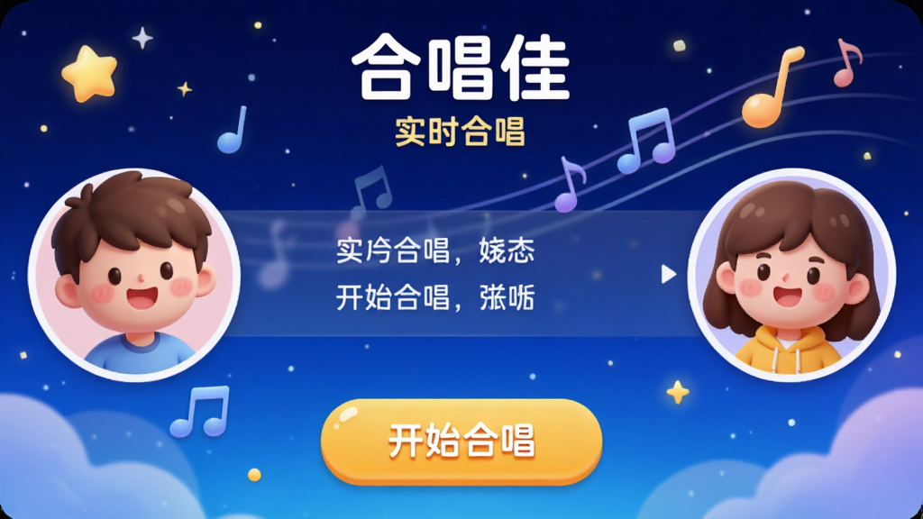 主体为“合唱佳”App的“实时合唱”功能界面,两位卡通人物头像分别位于屏幕左右两侧,中间是歌词滚动条,底部有“开始合唱”按钮,背景是带有音符飘动的星空,整体风格活泼明亮,细节圆润,画质干净无多余元素