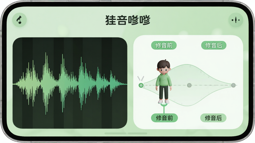 主体为“合唱佳”App的“智能修音”功能演示界面,左侧是波形图,右侧是音准指示线,一个虚拟小人站在音准线上,旁边有“修音前”和“修音后”的对比标签,界面配色以浅绿色为主,整体风格简洁清晰,细节圆润,画质干净无多余元素