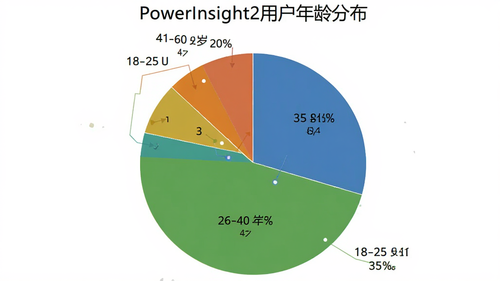 一张饼状图,标题为“PowerInsight2用户年龄分布”,图中显示18-25岁占35%,26-40岁占45%,41-60岁占20%,不同色块清晰标注,背景简洁,符合现代审美,画质干净。