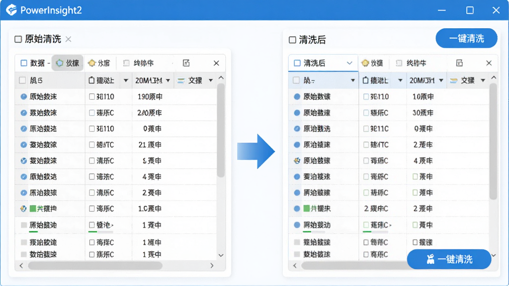 PowerInsight2软件界面,展示数据清洗功能,左侧是原始数据表格,右侧是清洗后的干净数据预览,中间有箭头连接,界面以蓝白色调为主,功能按钮清晰标注“一键清洗”,画质干净,无多余元素。